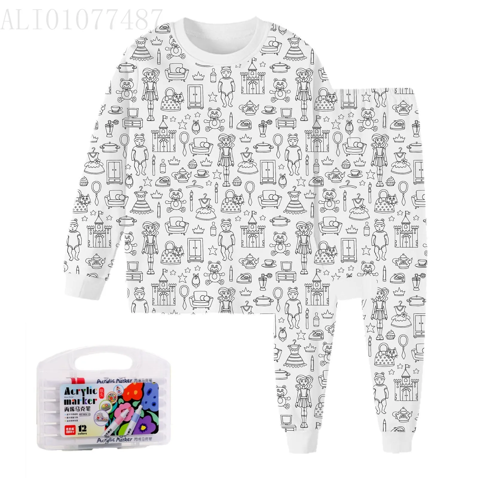 Children's cartoon printed long-sleeved T-shirt and trousers two-piece home wear suit in white with dinosaur pattern