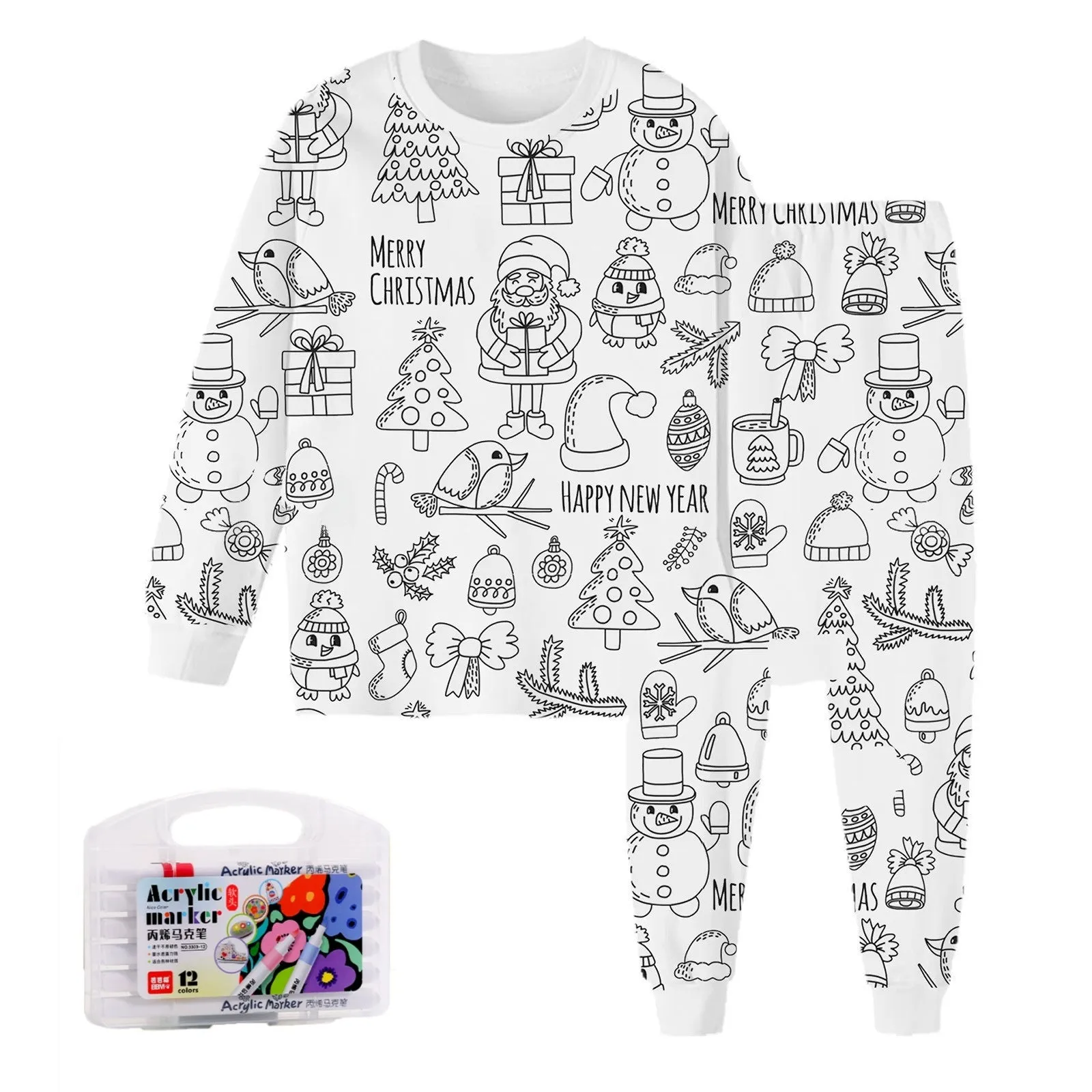 Children's cartoon printed long-sleeved T-shirt and trousers two-piece home wear suit in white with dinosaur pattern