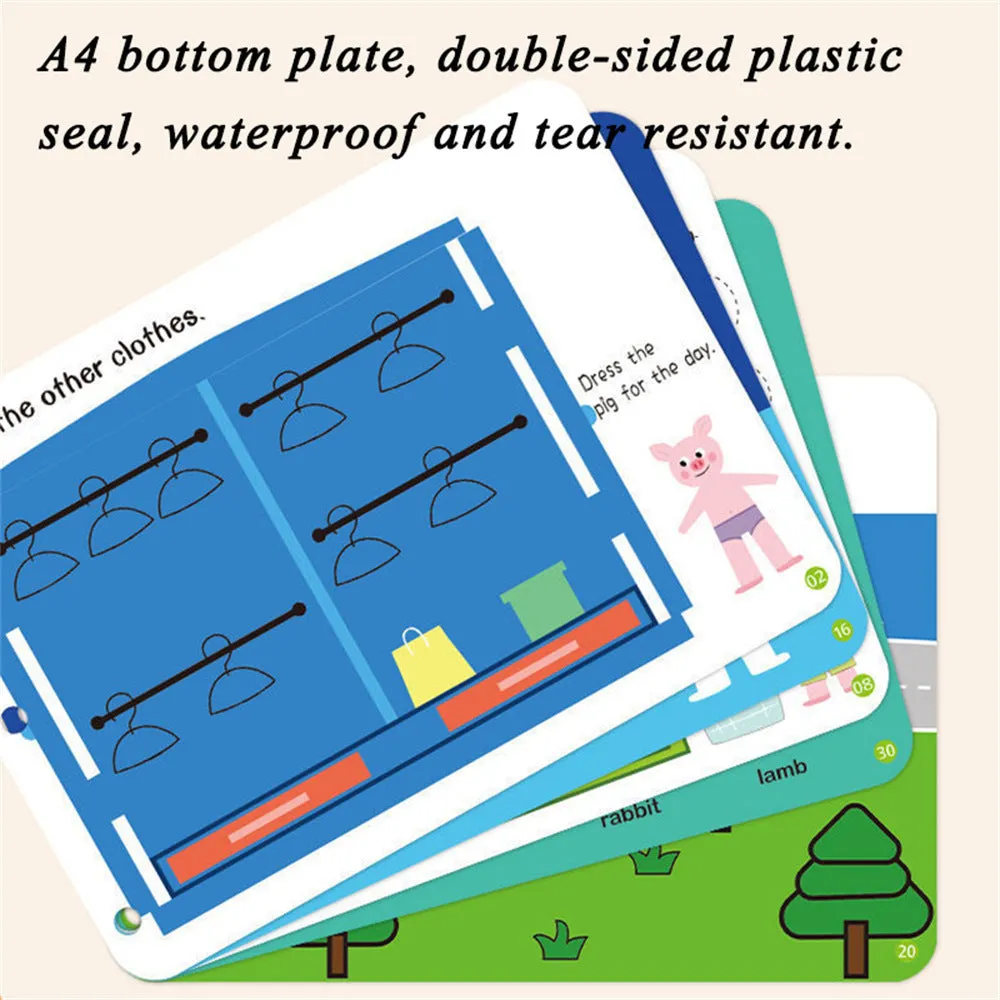 Montessori paste quiet book with metal build, showing themed pages for infant learning