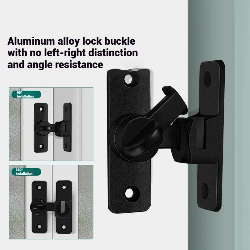 Aluminium alloy punch-free door latch in silver finish, showing 90 and 180 degree positions.