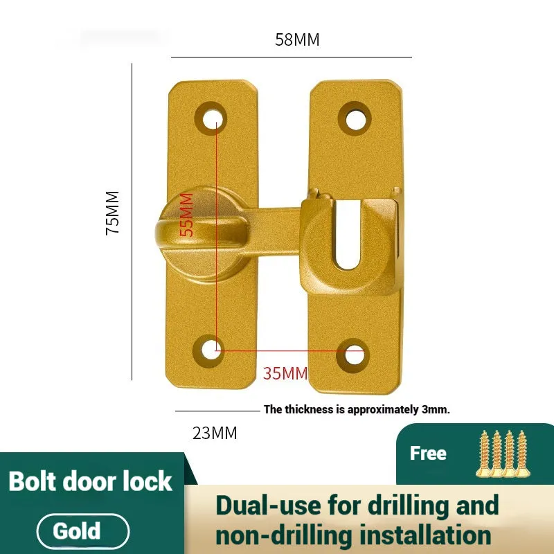 Aluminium alloy punch-free door latch in silver finish, showing 90 and 180 degree positions.
