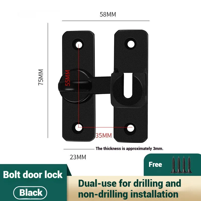 Aluminium alloy punch-free door latch in silver finish, showing 90 and 180 degree positions.