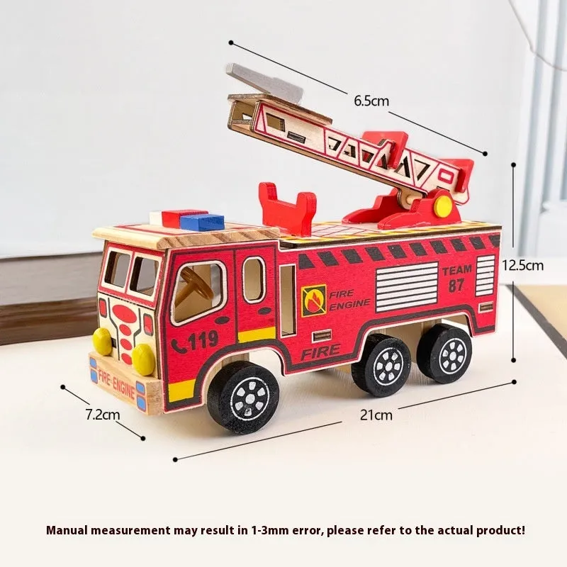 Colourful wooden fire truck model toy on a white background, 21.5cm long, bright default colour