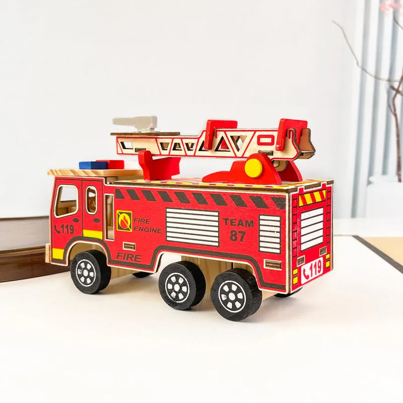 Colourful wooden fire truck model toy on a white background, 21.5cm long, bright default colour