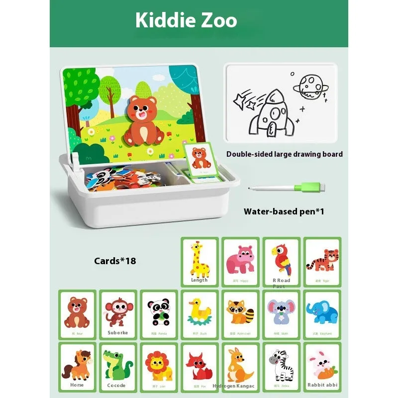 Magnetic puzzle building blocks set with paper tiles and illustrated themes including dinosaur world for infant early learning