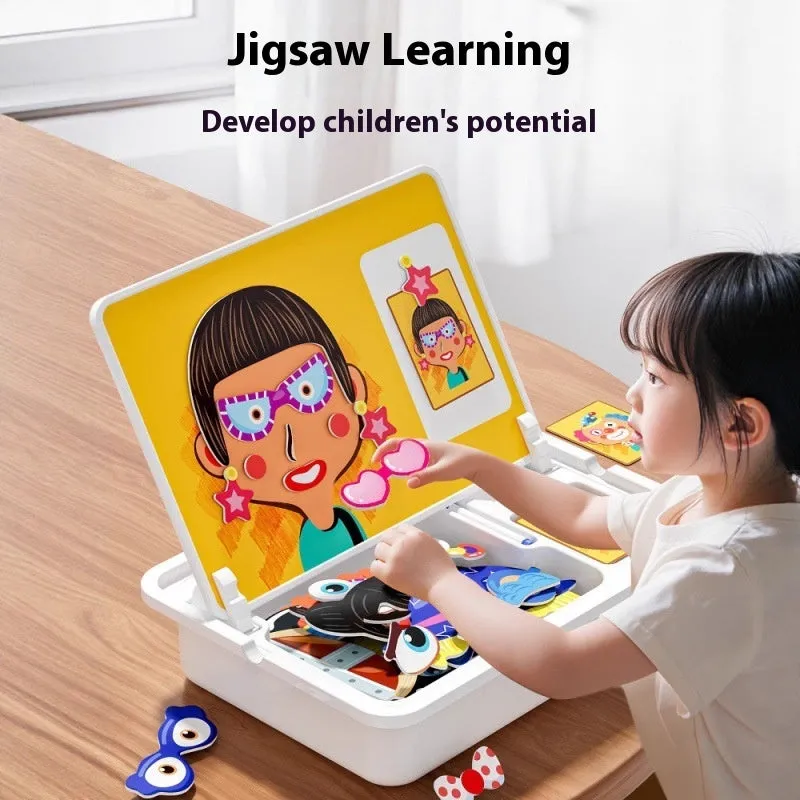 Magnetic puzzle building blocks set with paper tiles and illustrated themes including dinosaur world for infant early learning