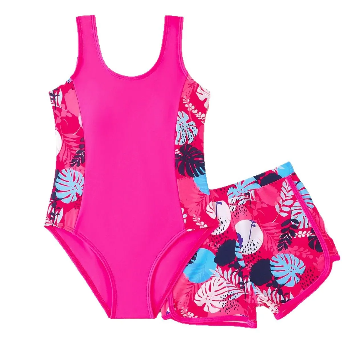 Girls two-piece swimsuit set with one-piece top and boxer shorts in purple, blue, and rose red