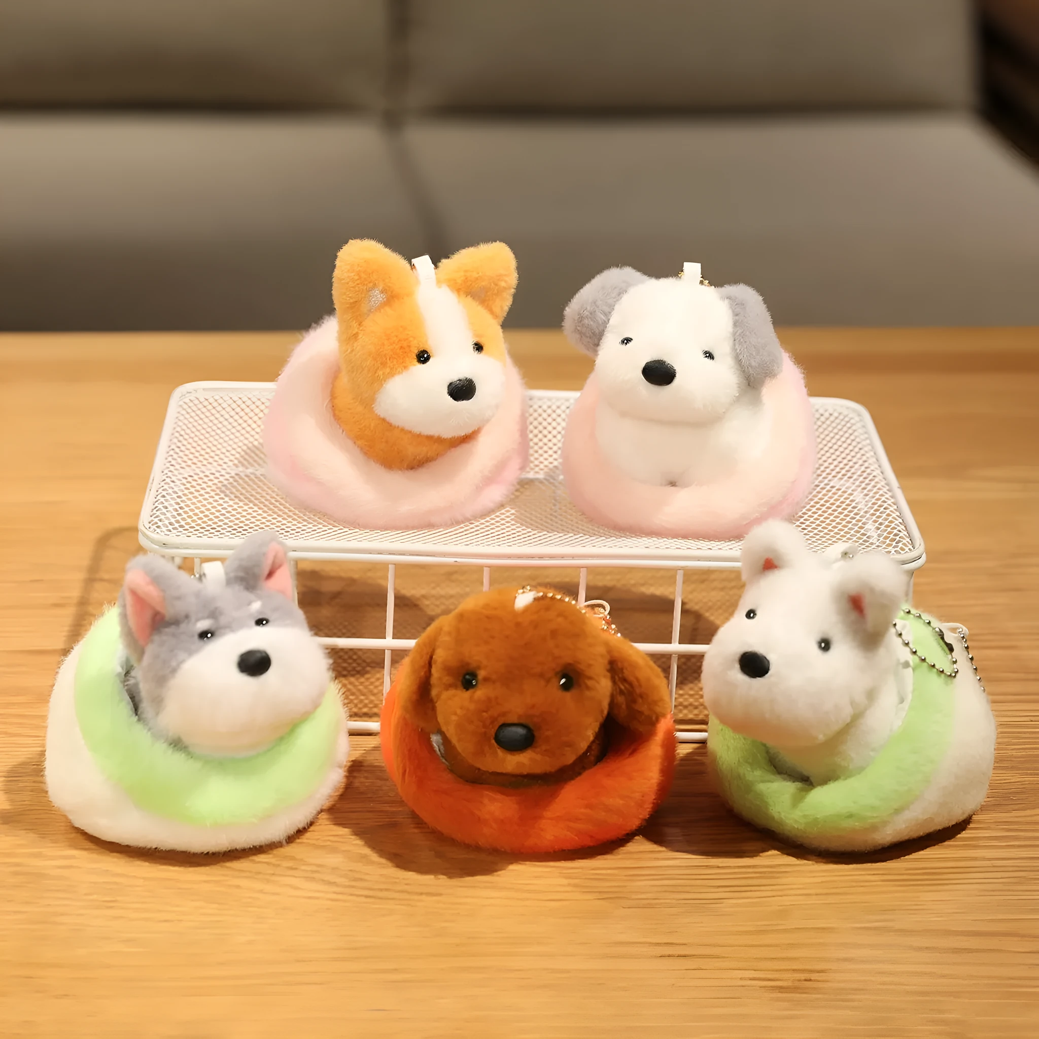 9cm dog plush toy keychain pendant of a Corgi with PP cotton filling and a keyring loop