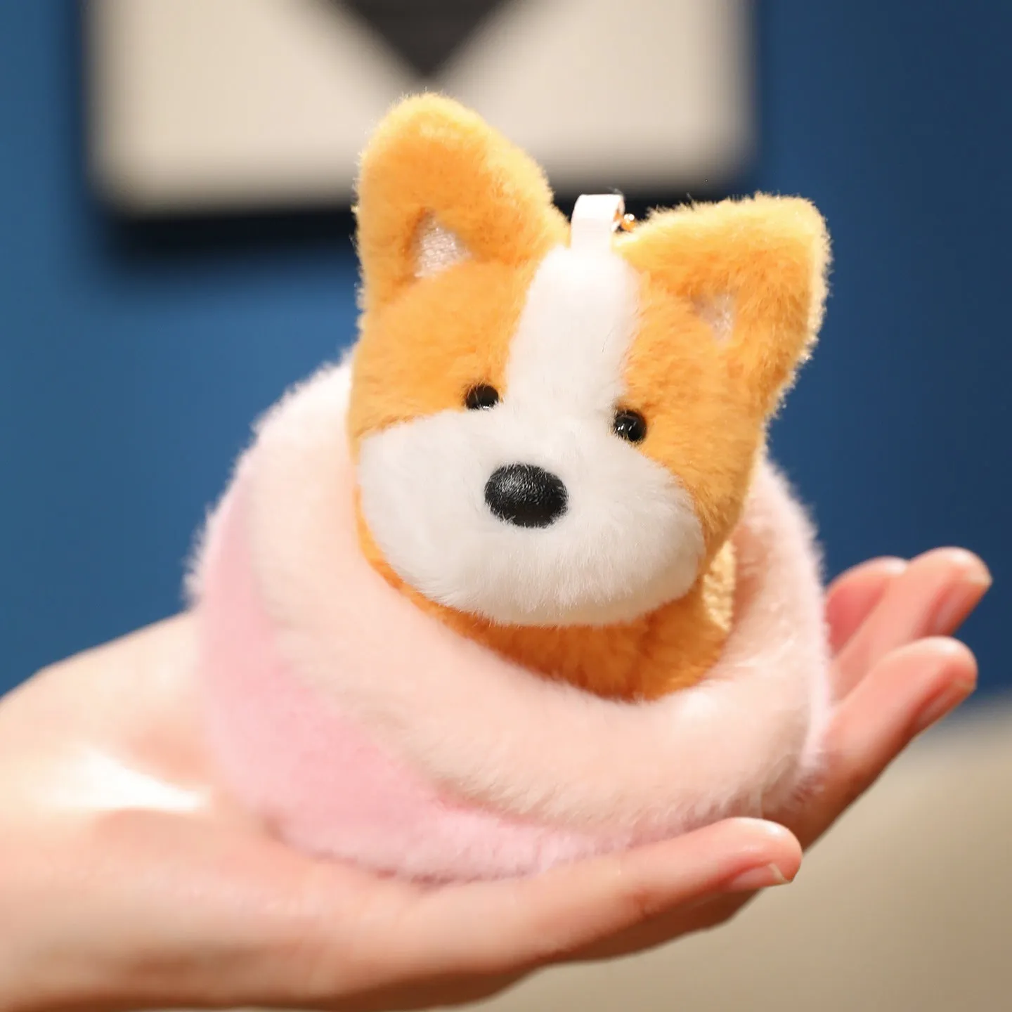 9cm dog plush toy keychain pendant of a Corgi with PP cotton filling and a keyring loop