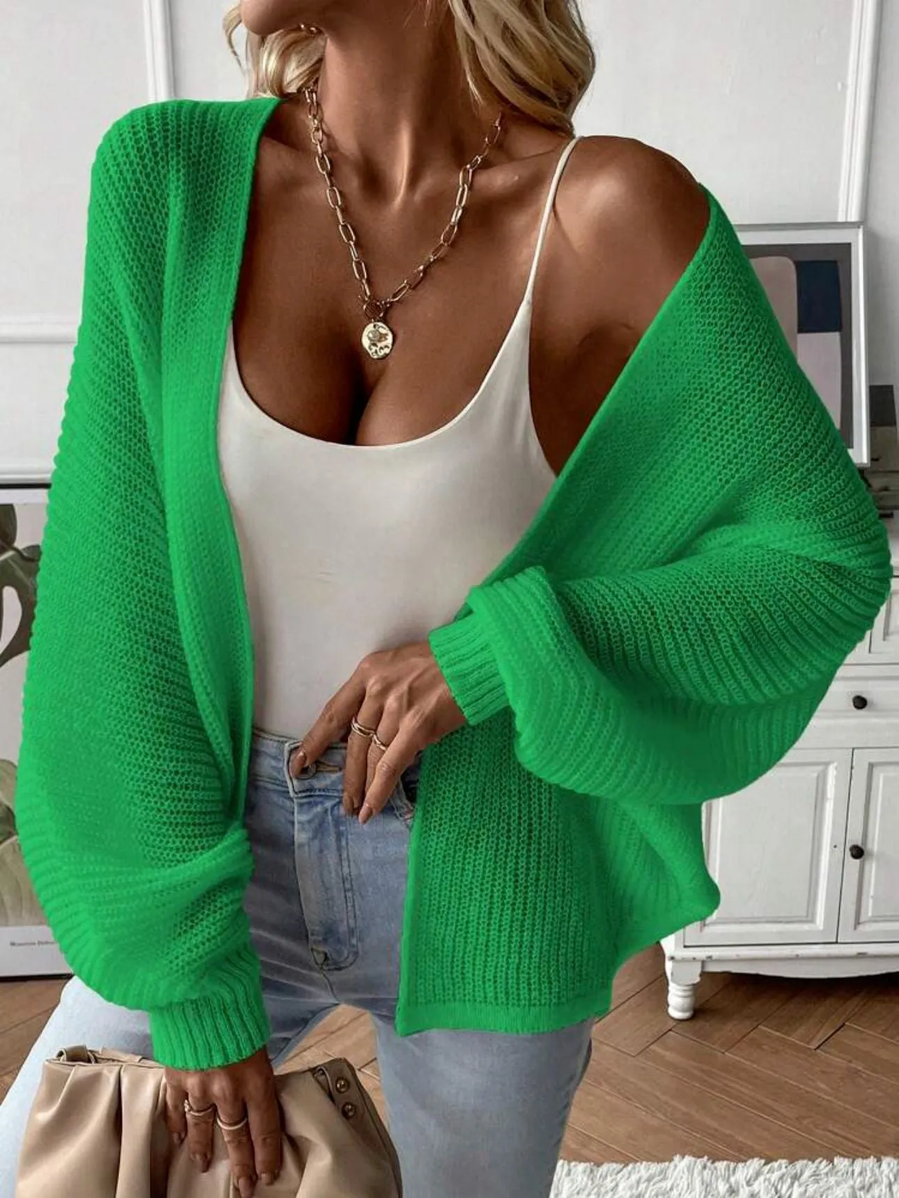 Women's batwing sleeve cardigan in thin polyester fabric, loose fit, solid colour options
