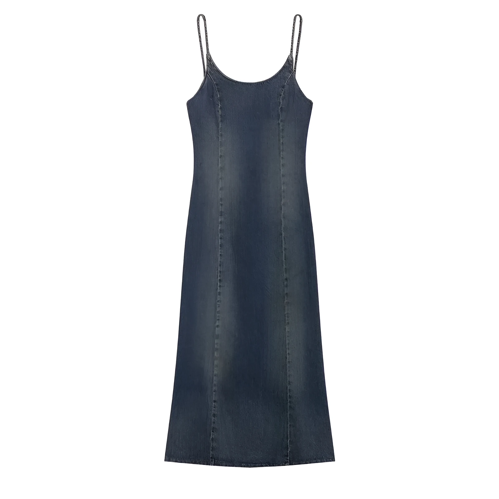 Women's blue knitted denim-look short dress with hood, pleated asymmetrical hem, and long sleeves on a model.