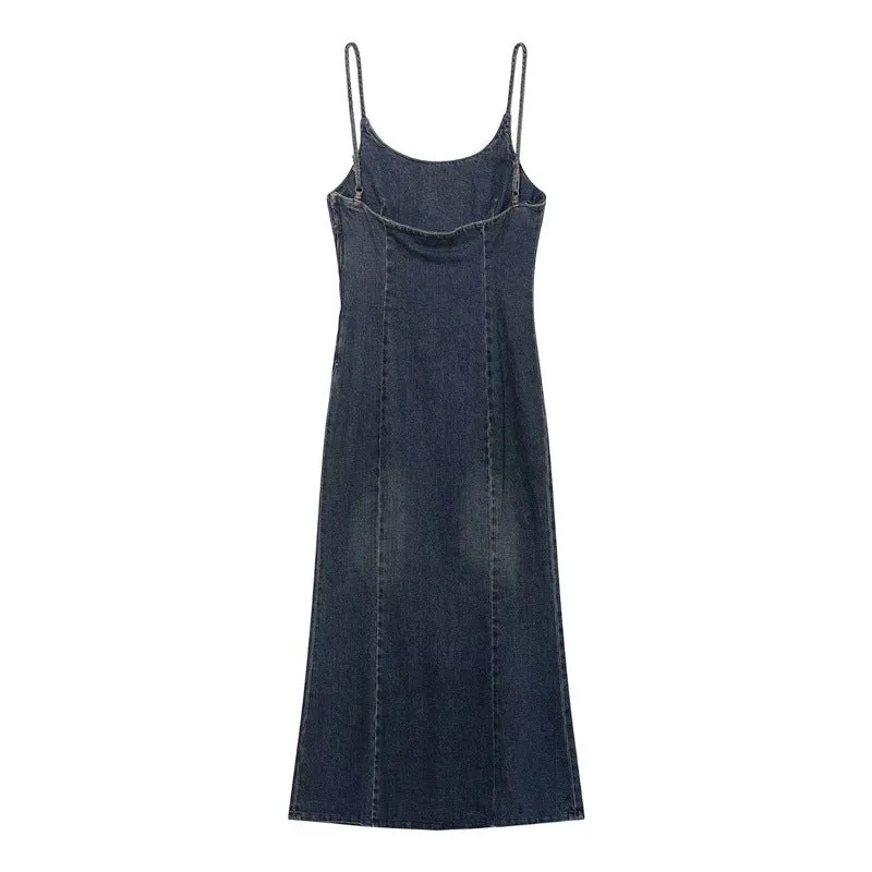 Women's blue knitted denim-look short dress with hood, pleated asymmetrical hem, and long sleeves on a model.