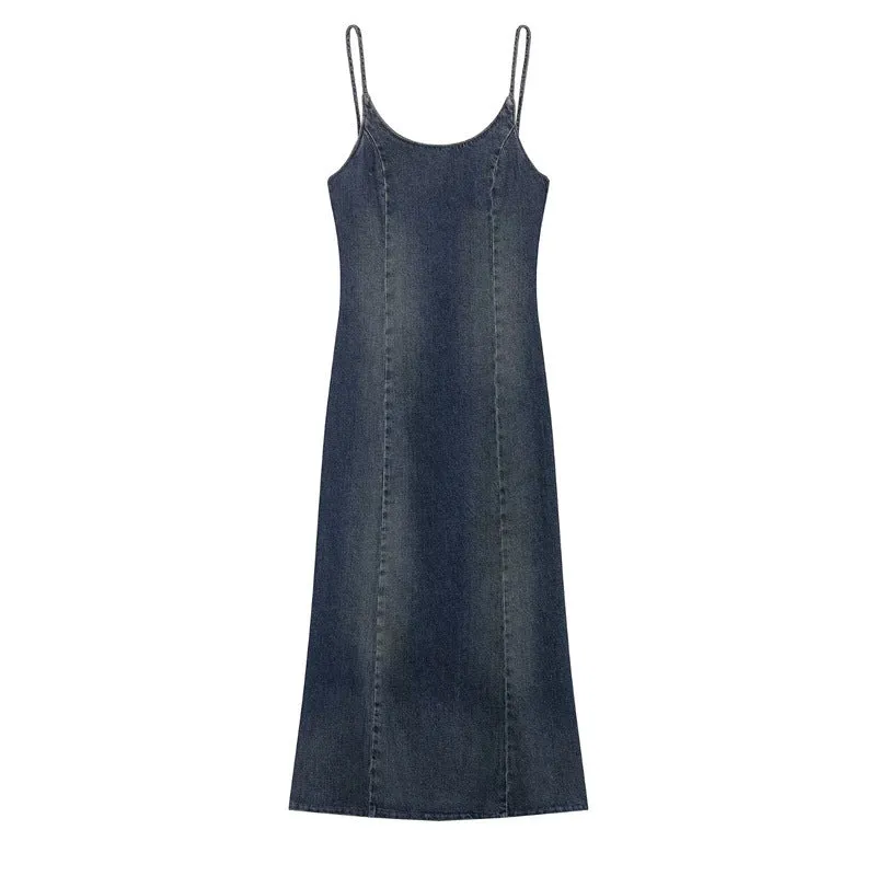 Women's blue knitted denim-look short dress with hood, pleated asymmetrical hem, and long sleeves on a model.