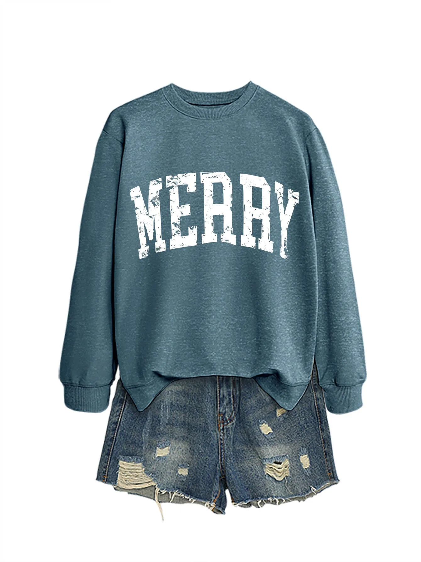 Women's cotton round neck long sleeve sweater in blue with black accents