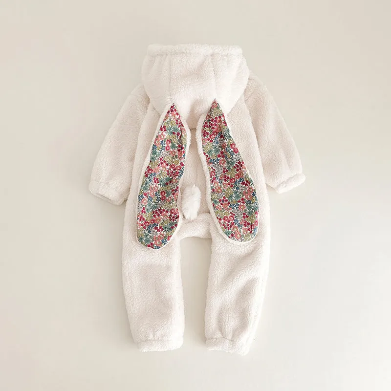 Baby girl bunny jumpsuit with zipper and hood, khaki colour, long sleeves