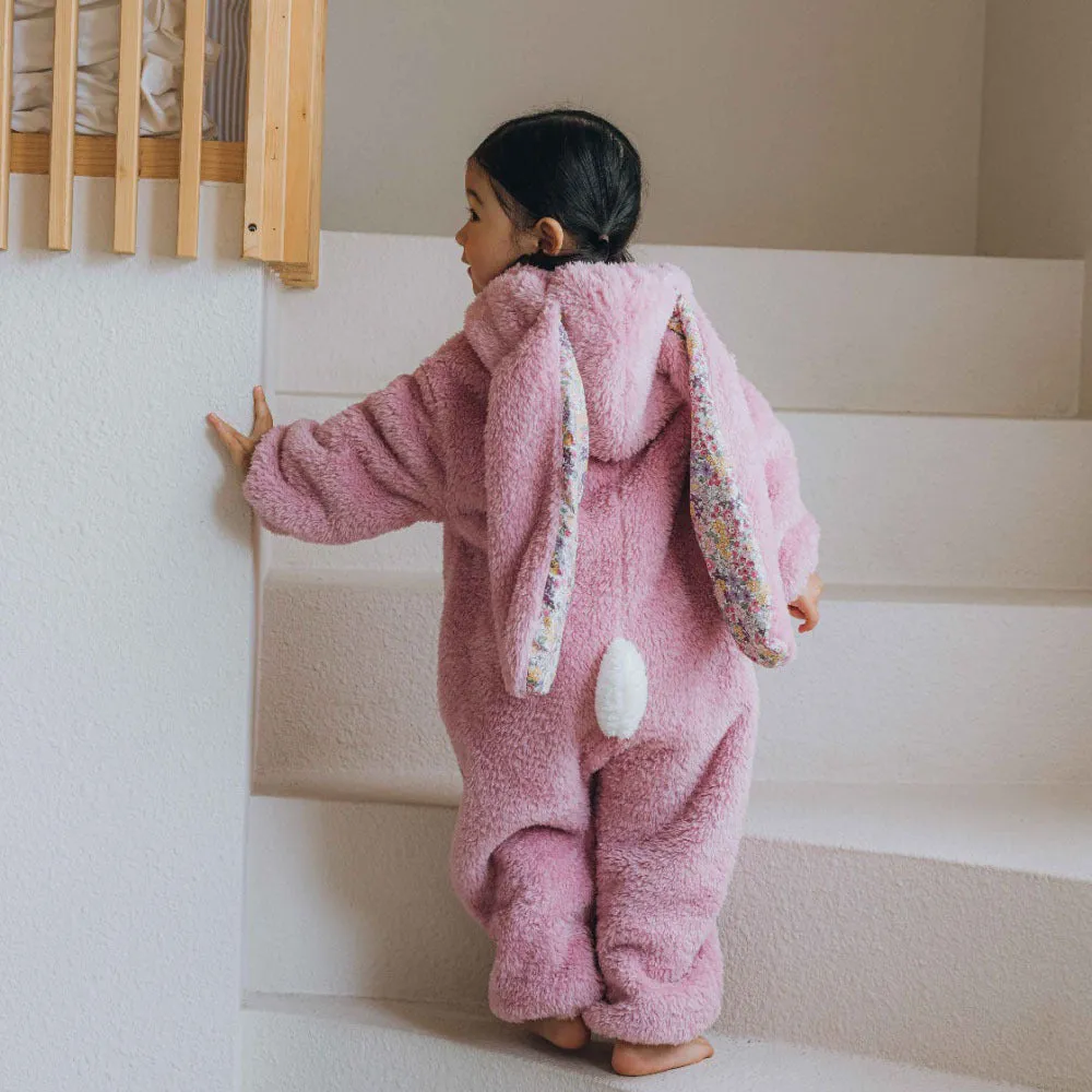 Baby girl bunny jumpsuit with zipper and hood, khaki colour, long sleeves