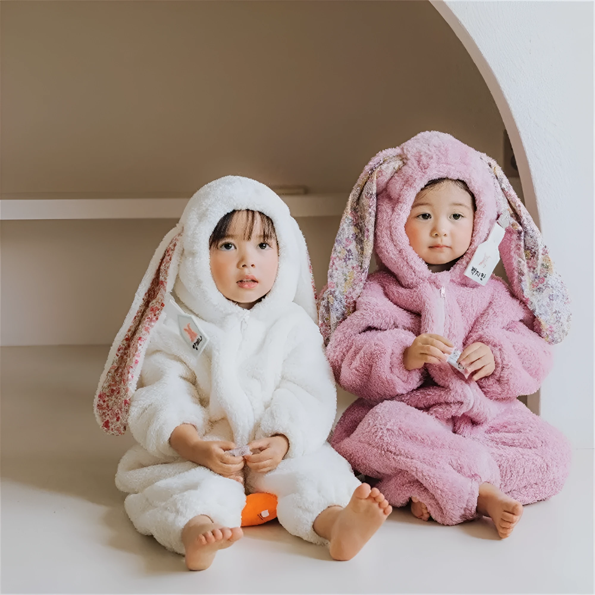 Baby girl bunny jumpsuit with zipper and hood, khaki colour, long sleeves
