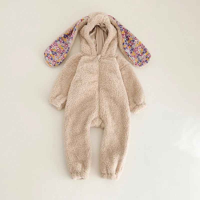 Baby girl bunny jumpsuit with zipper and hood, khaki colour, long sleeves