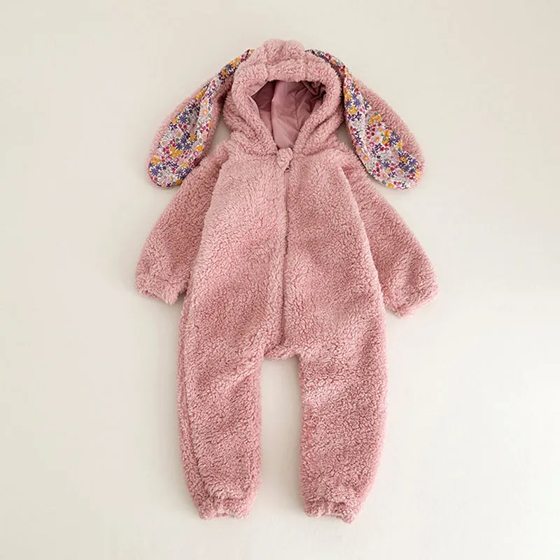 Baby girl bunny jumpsuit with zipper and hood, khaki colour, long sleeves