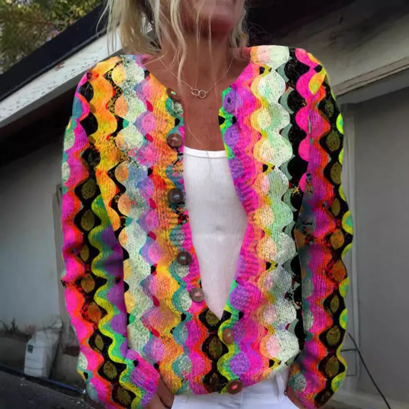 Fashion printed cardigan knit jacket for women, long sleeve, unisex style, polyester, sizes S-5XL, five colours