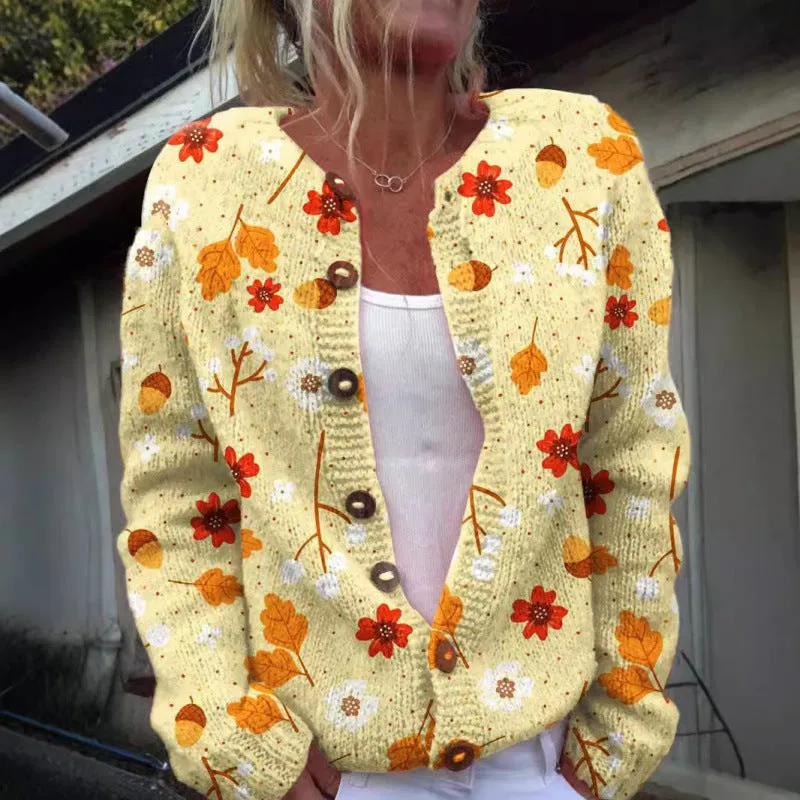 Fashion printed cardigan knit jacket for women, long sleeve, unisex style, polyester, sizes S-5XL, five colours