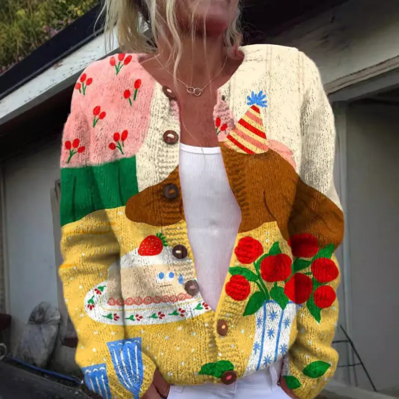 Fashion printed cardigan knit jacket for women, long sleeve, unisex style, polyester, sizes S-5XL, five colours