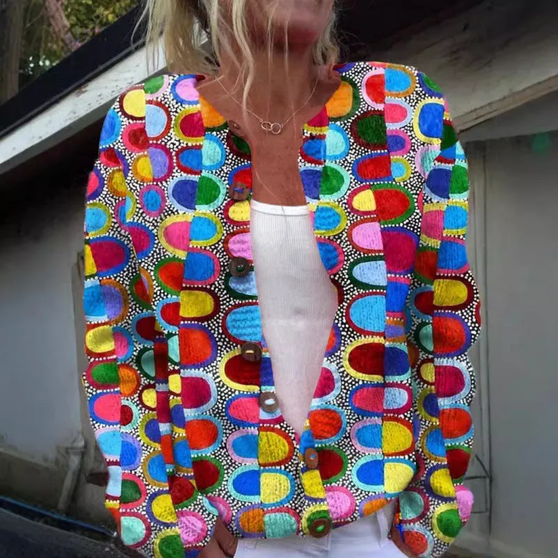 Fashion printed cardigan knit jacket for women, long sleeve, unisex style, polyester, sizes S-5XL, five colours