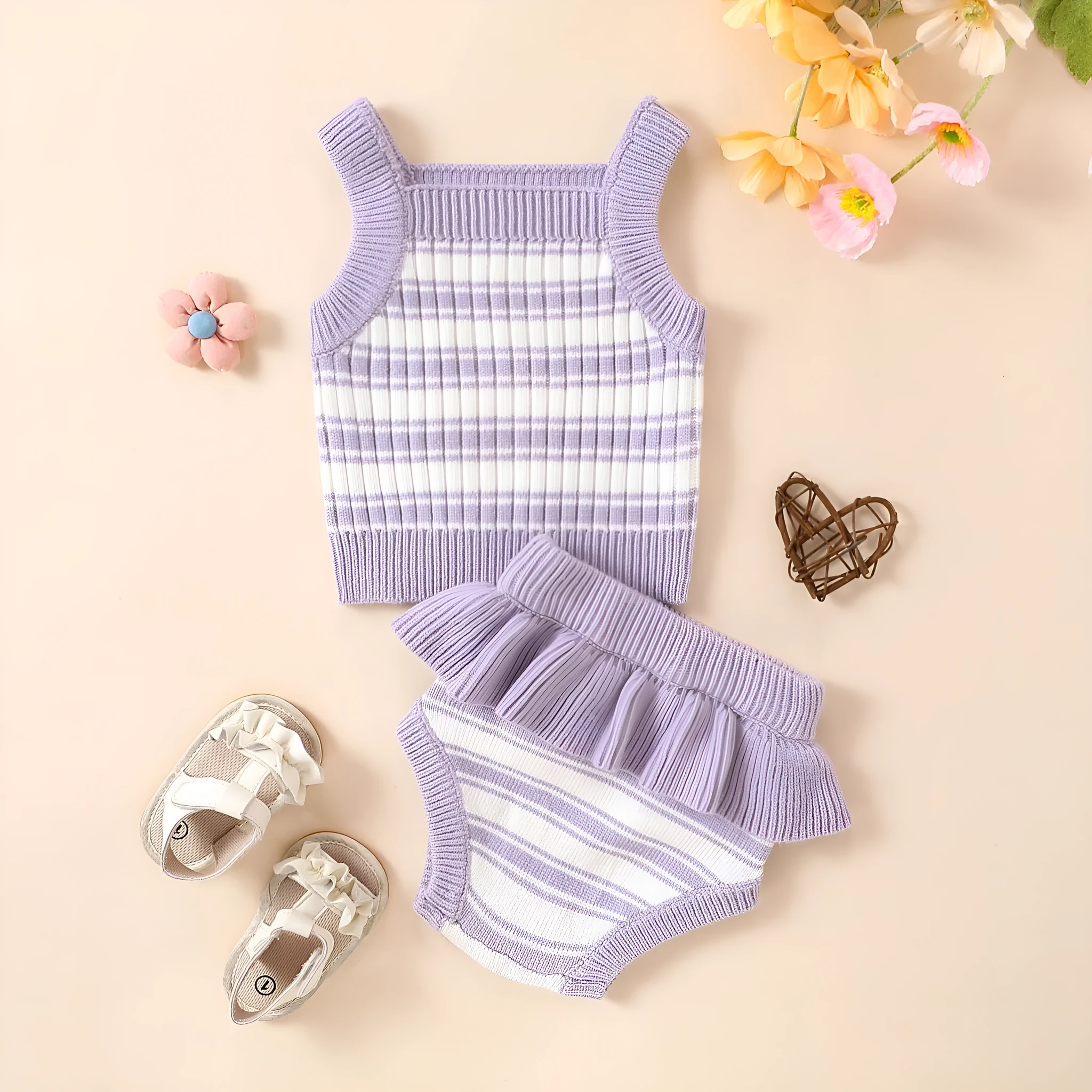 Girls violet floral two-piece polyester baby set, suitable for 0-18 months, front view