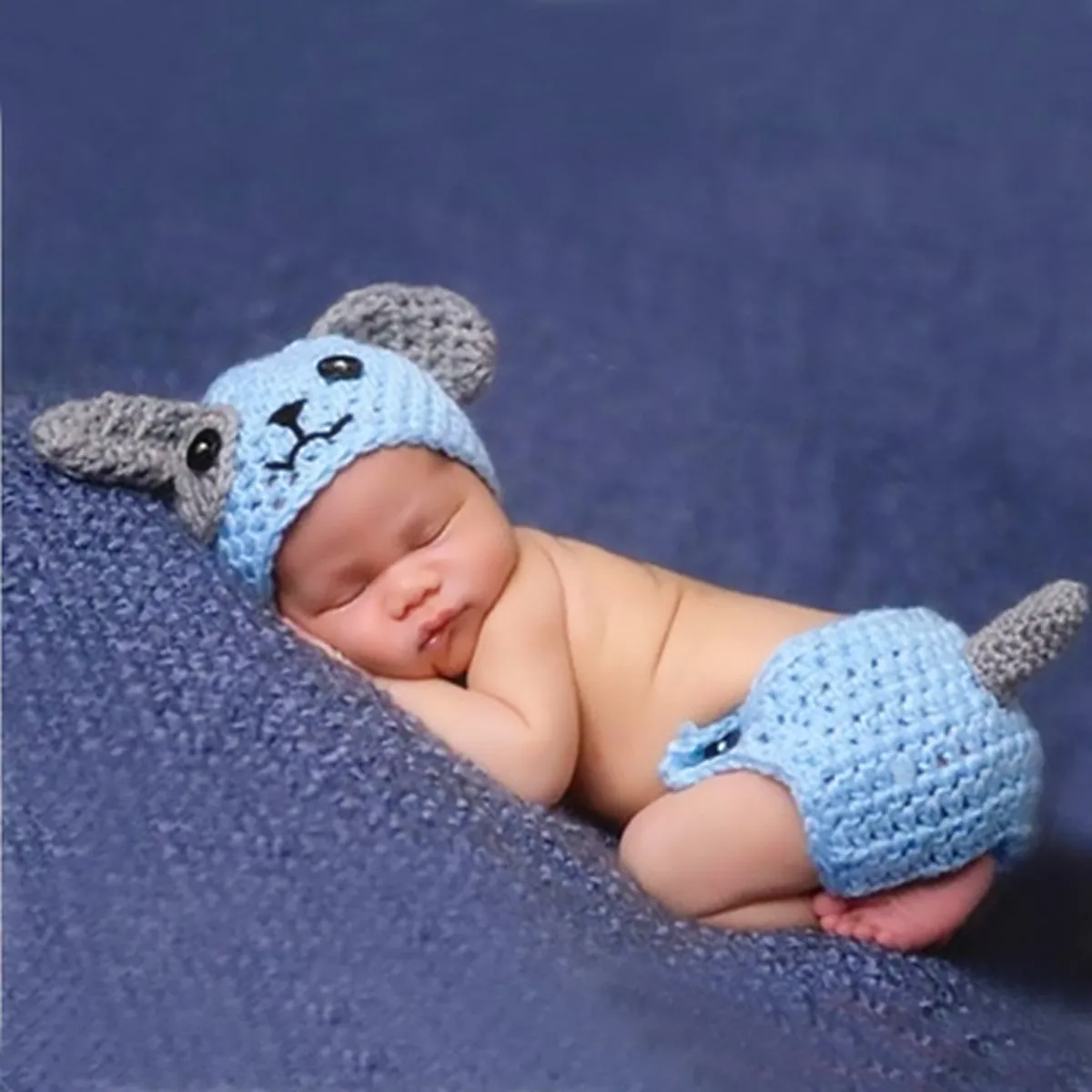 Hand-knitted cartoon animal newborn photography outfit in blended fabric, Blue Dog colour option