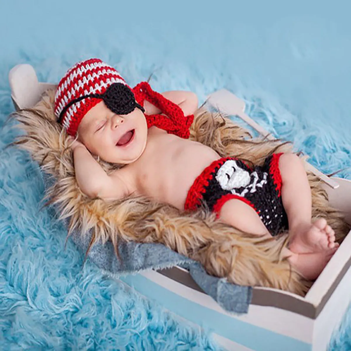 Hand-knitted cartoon animal newborn photography outfit in blended fabric, Blue Dog colour option