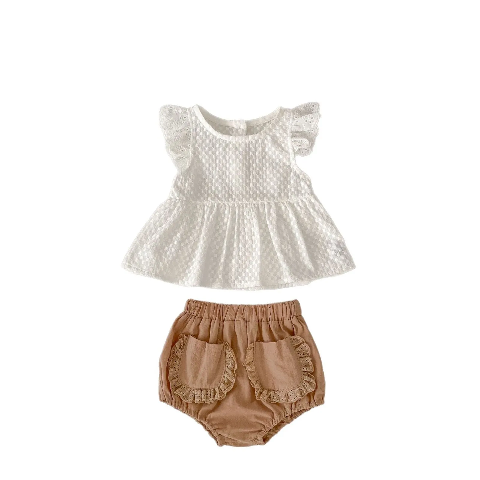 Baby girl flying sleeve top and bloomer shorts two-piece cotton set in creamy white with lace trim