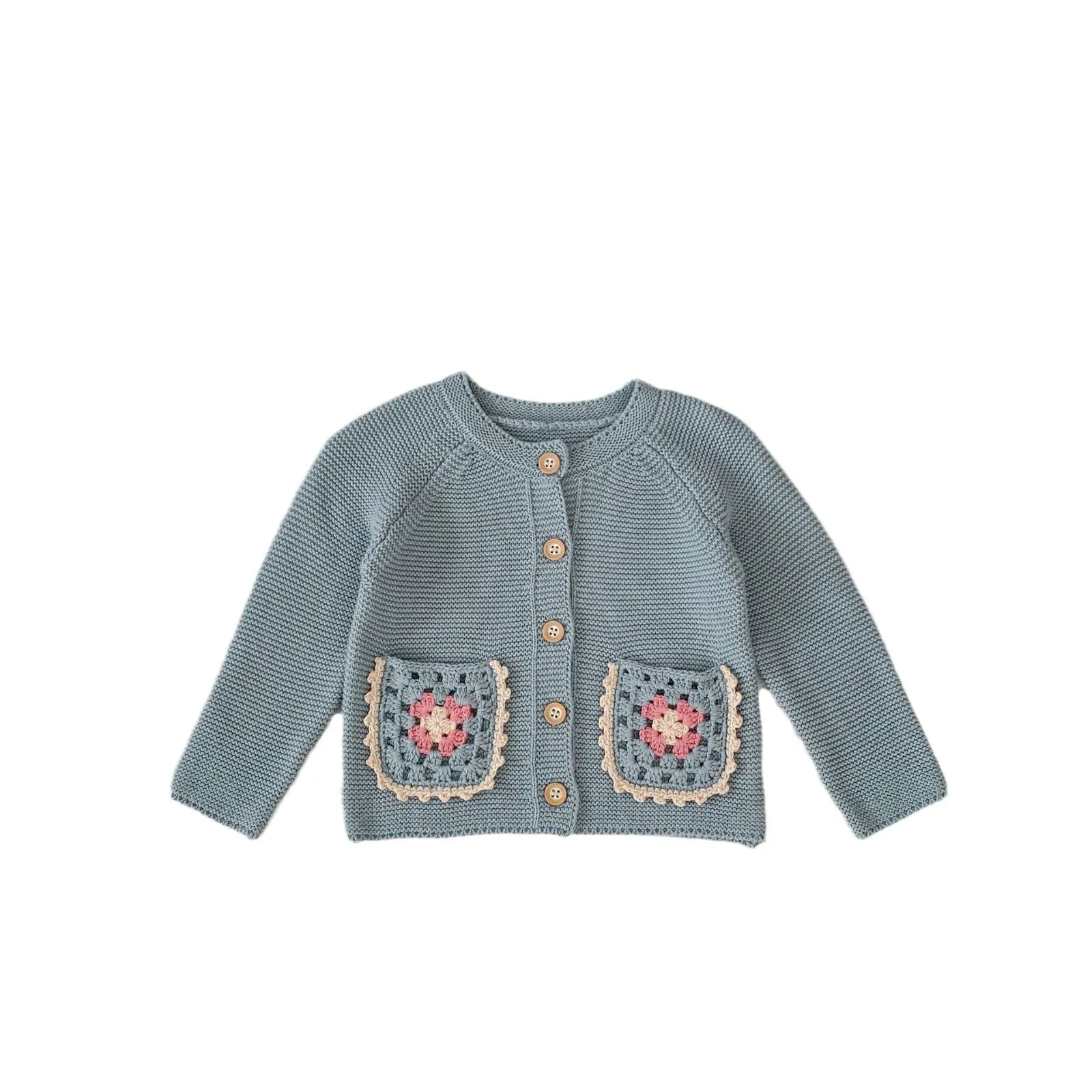 Children's Round Collar Sweater Cardigan Hand Crochet Hollow Flower Pocket Coat Smokey Blue Cotton Long Sleeve Cardigan for Girls Spring Autumn Single-Breasted Suitable Height 66-100cm Non-Hooded Trendy All-Matching Design