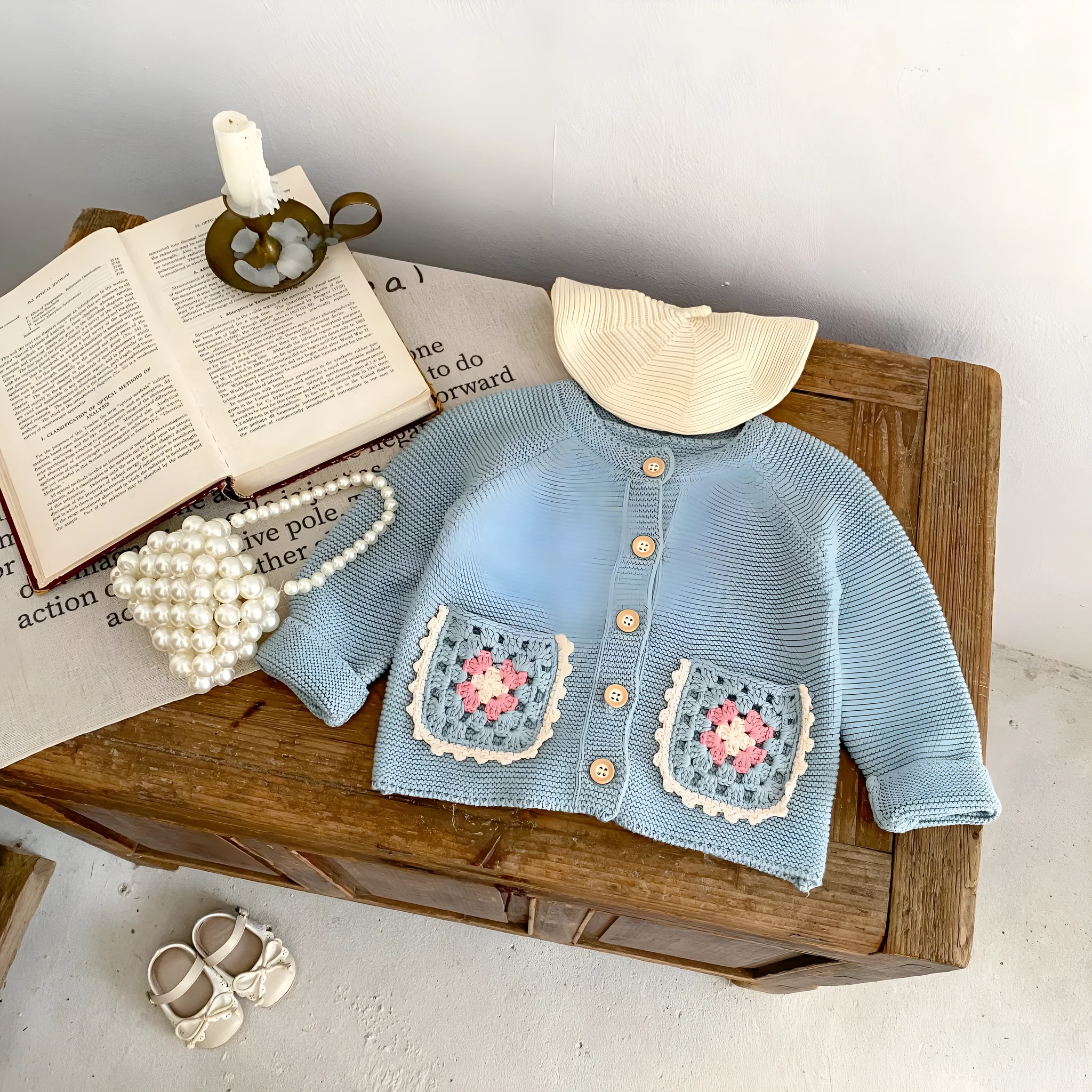 Children's Round Collar Sweater Cardigan Hand Crochet Hollow Flower Pocket Coat Smokey Blue Cotton Long Sleeve Cardigan for Girls Spring Autumn Single-Breasted Suitable Height 66-100cm Non-Hooded Trendy All-Matching Design