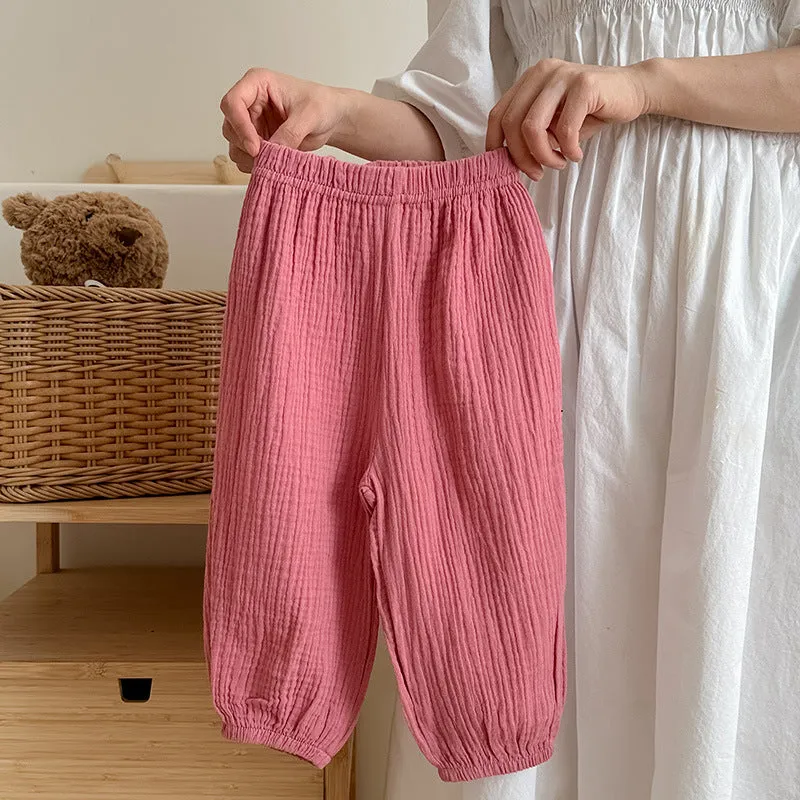 Thin cotton girls pajama pants in lake blue, mid waist, suitable height 120cm, soft fabric