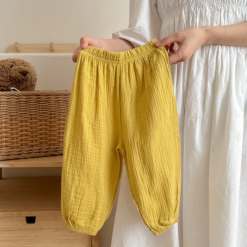 Thin cotton girls pajama pants in lake blue, mid waist, suitable height 120cm, soft fabric