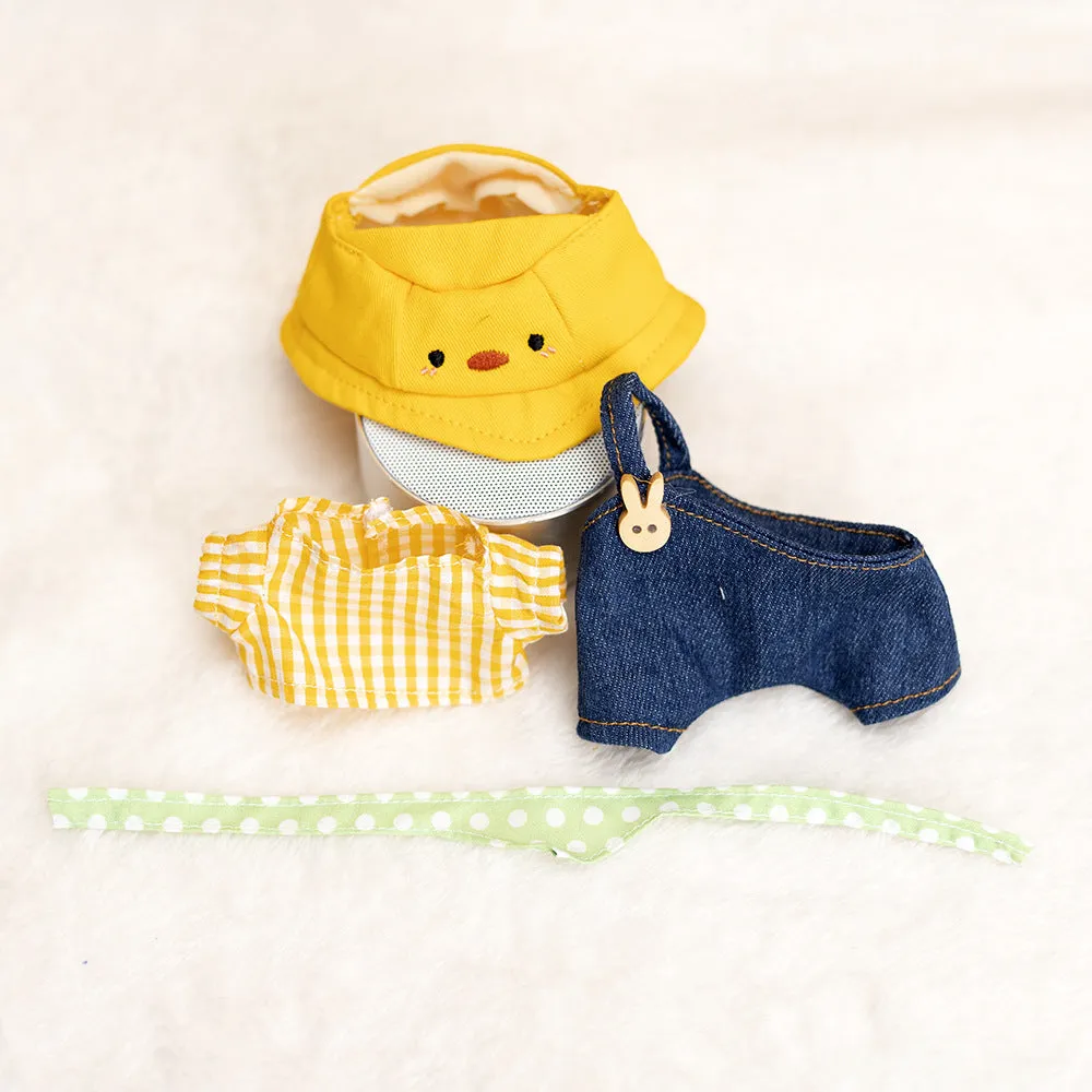 Small yellow duck plush doll wearing a hat, scarf, shirt, and suspender overalls, 17cm outfit set