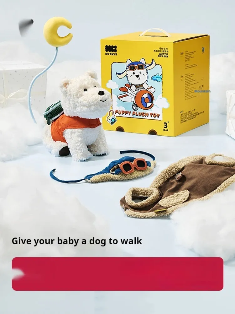 Babycare West Highland plush dog gift box set with two clothes on display