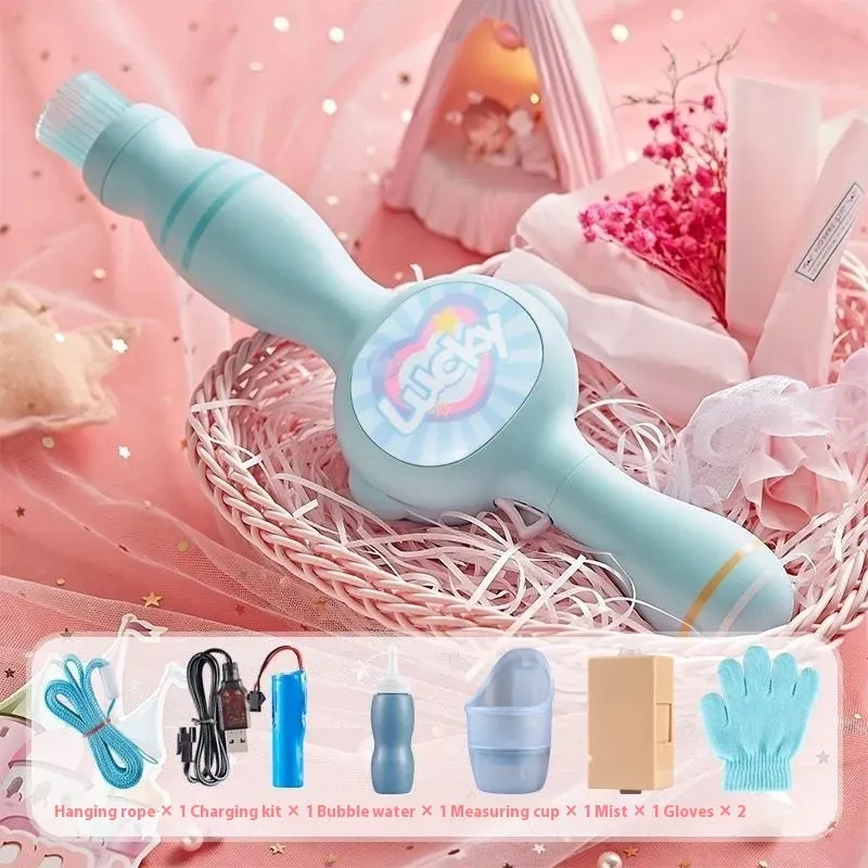Handheld electric smoke machine toy in green with bubble water bottle, atomizer, and gloves, 25cm long