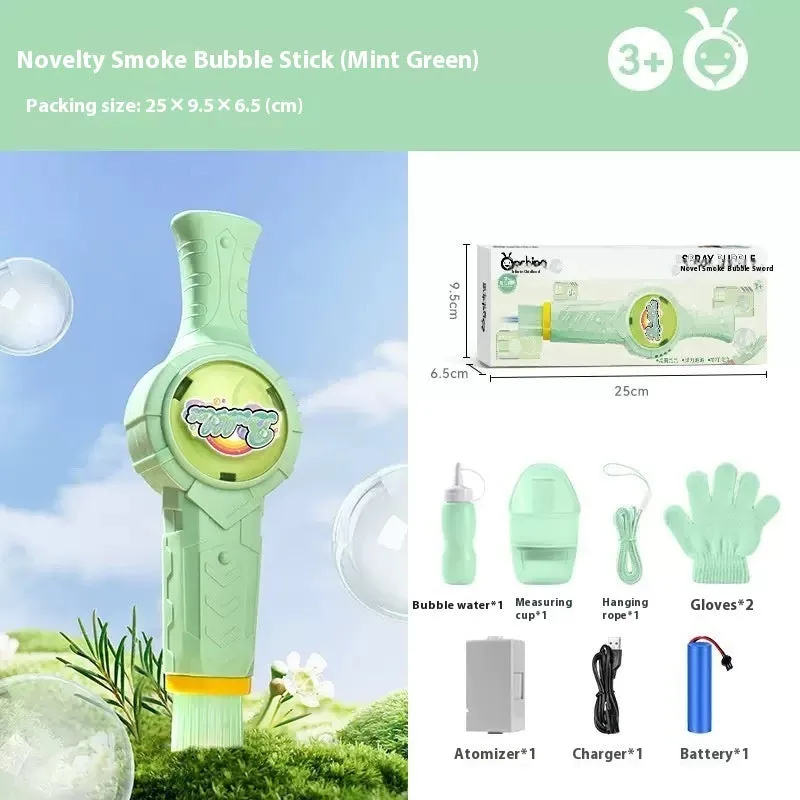Handheld electric smoke machine toy in green with bubble water bottle, atomizer, and gloves, 25cm long