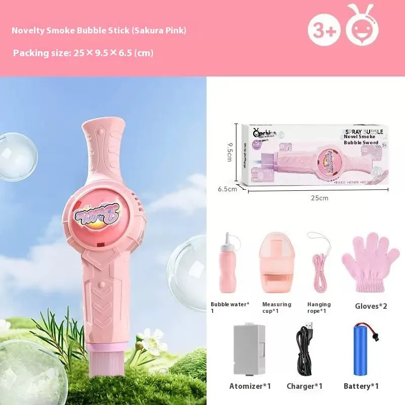 Handheld electric smoke machine toy in green with bubble water bottle, atomizer, and gloves, 25cm long