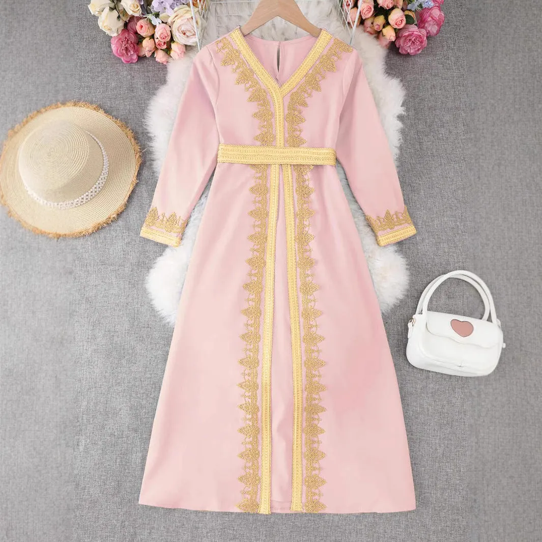 Girls lace V-neck dress in ice blue with polyester lining, suitable for 4Y to 12Y
