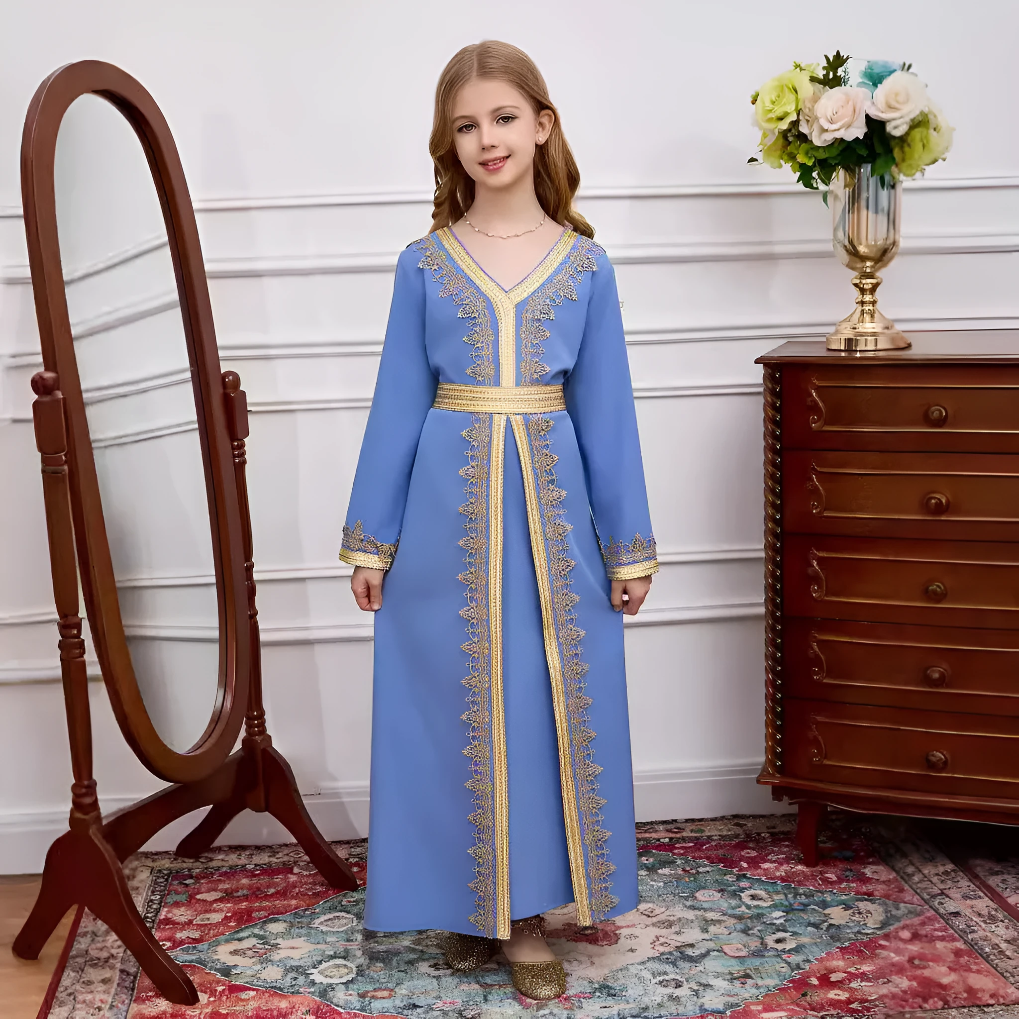 Girls lace V-neck dress in ice blue with polyester lining, suitable for 4Y to 12Y