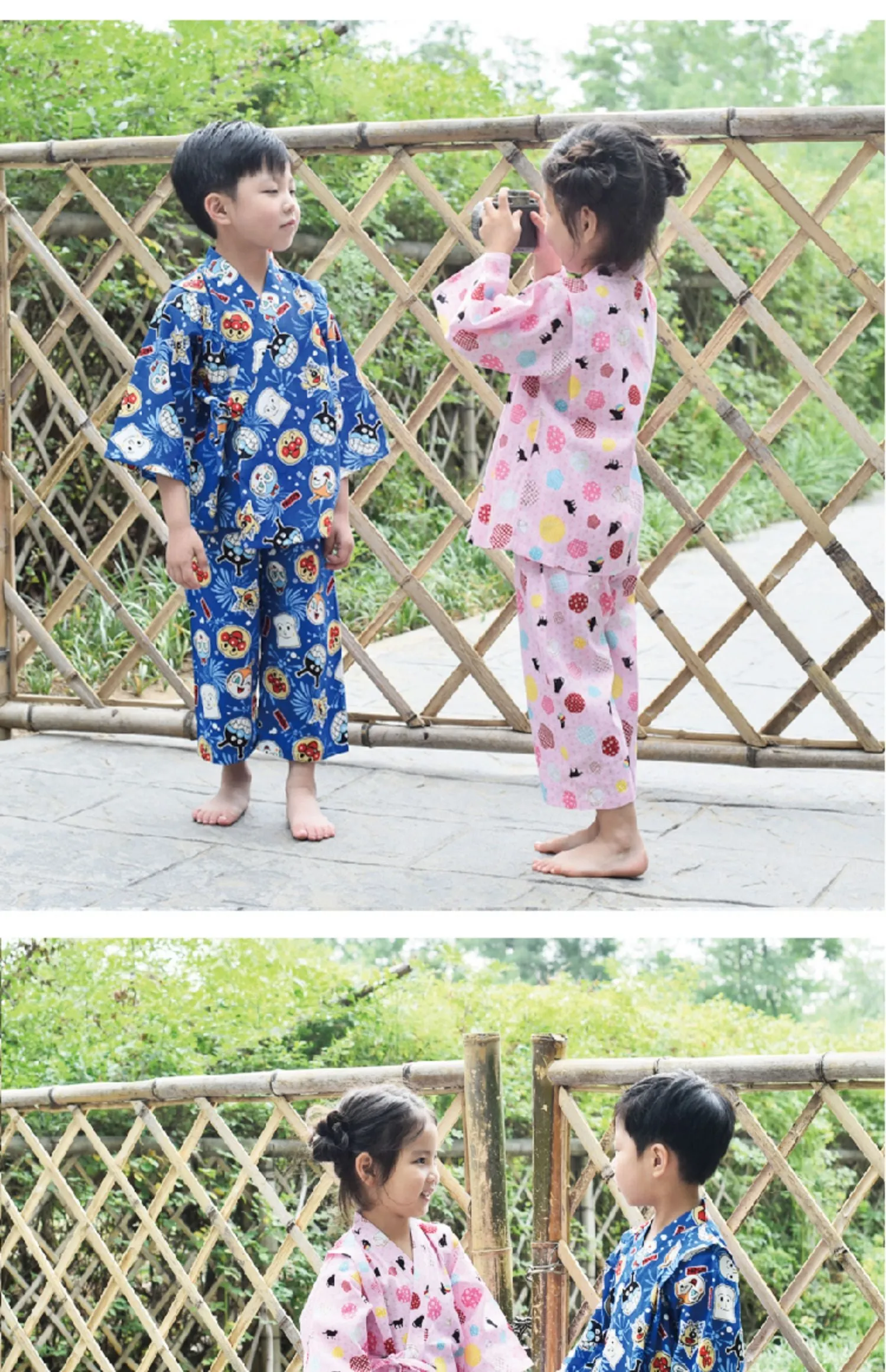Girls' cartoon printed cotton pajamas suit in pink floral ball cat design with long sleeves, available in sizes 90-140cm