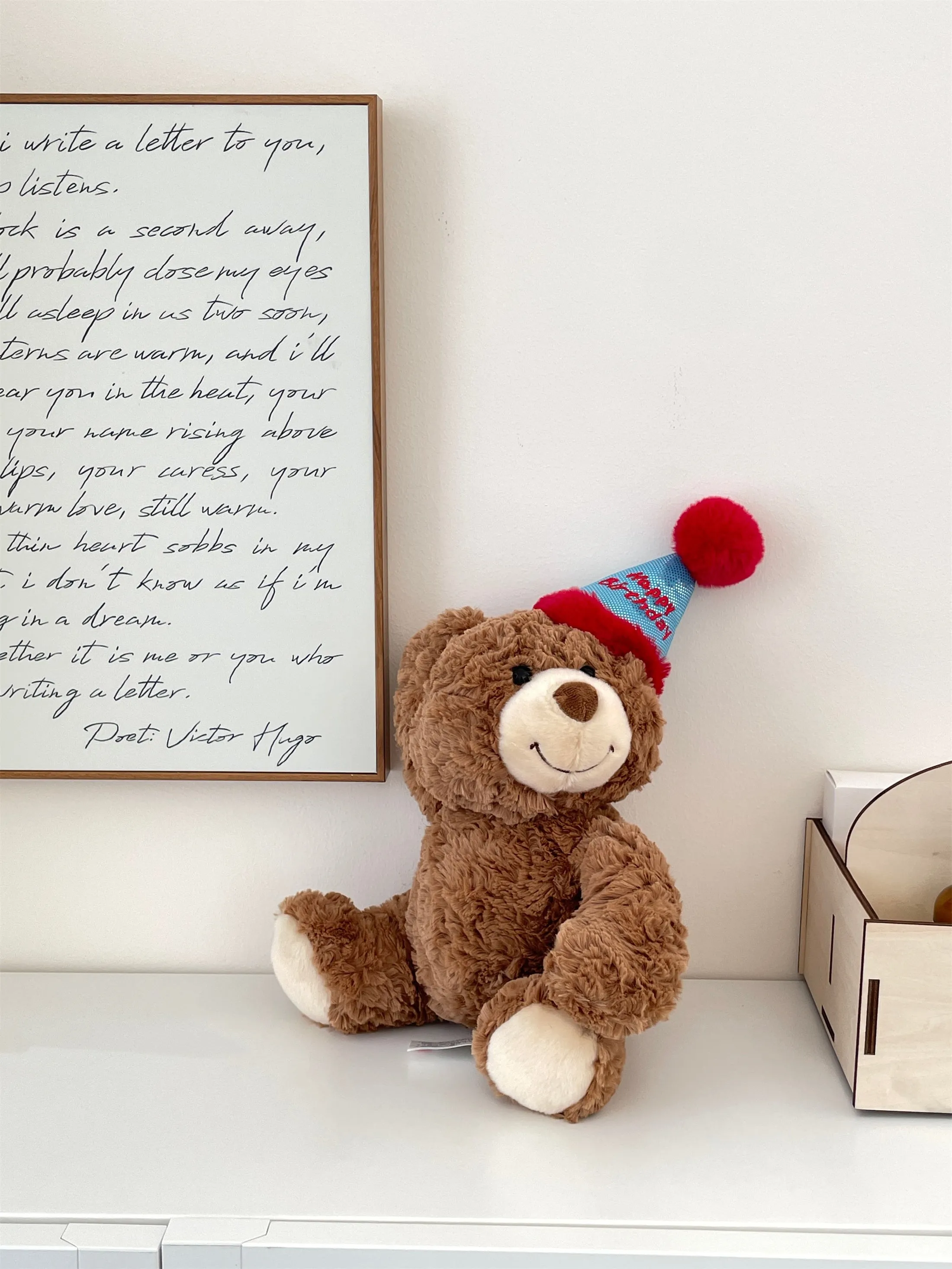 Cute birthday bear plush doll 25cm height soft fabric door handle decoration