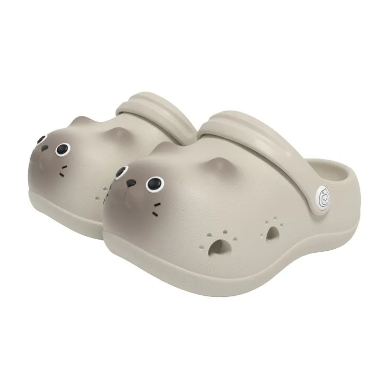 Children's closed toe slippers in grey brown, pink, and yellow, EVA foam, cartoon paradise style, sizes 130 to 180