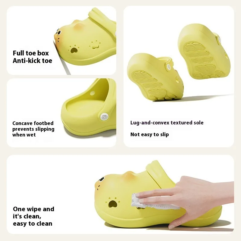 Children's closed toe slippers in grey brown, pink, and yellow, EVA foam, cartoon paradise style, sizes 130 to 180