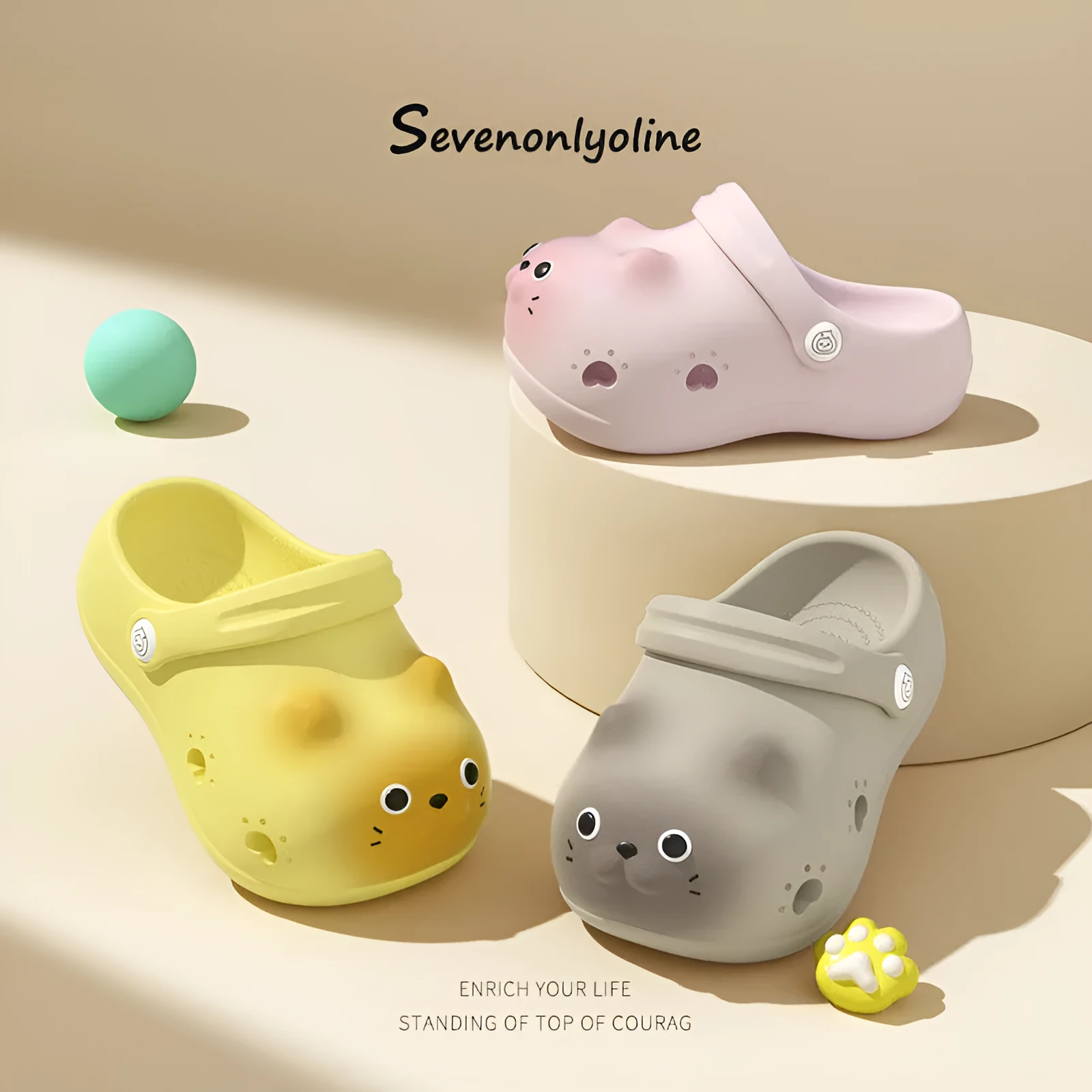 Children's closed toe slippers in grey brown, pink, and yellow, EVA foam, cartoon paradise style, sizes 130 to 180