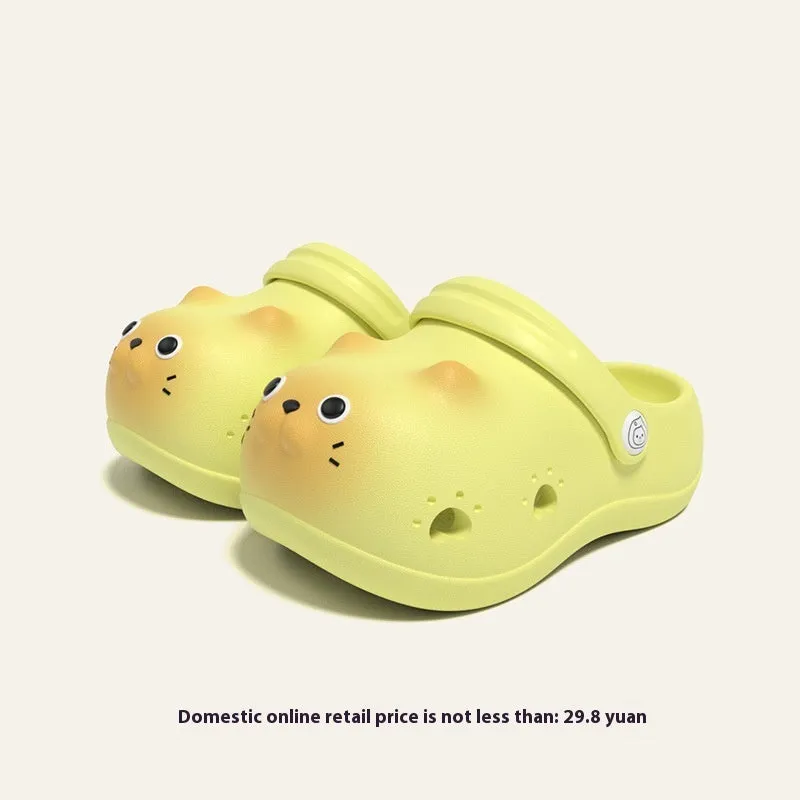 Children's closed toe slippers in grey brown, pink, and yellow, EVA foam, cartoon paradise style, sizes 130 to 180