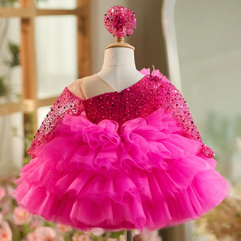 Rose red baby dress for one year old, polyester fibre, full length view on child, size 80-160cm