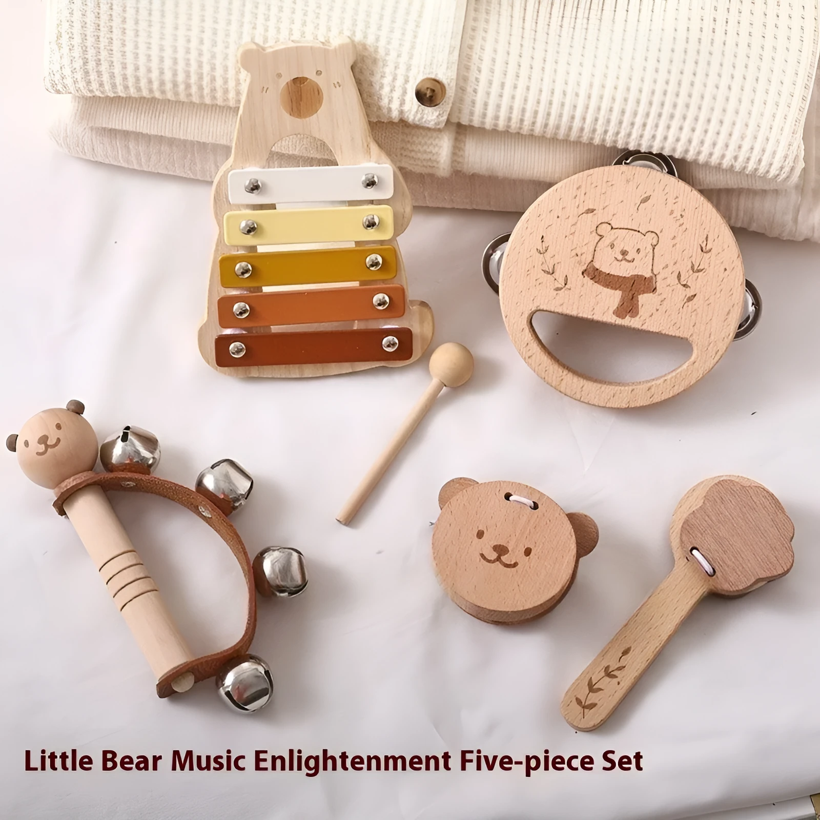 Wooden Orff instrument set with soundboard, ringdrum, and rain sound tube for young children